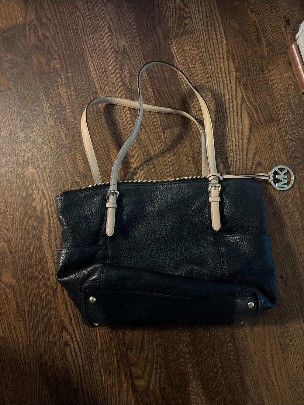 Michael Kors Black Leather Shoulder Bag with Beige Straps